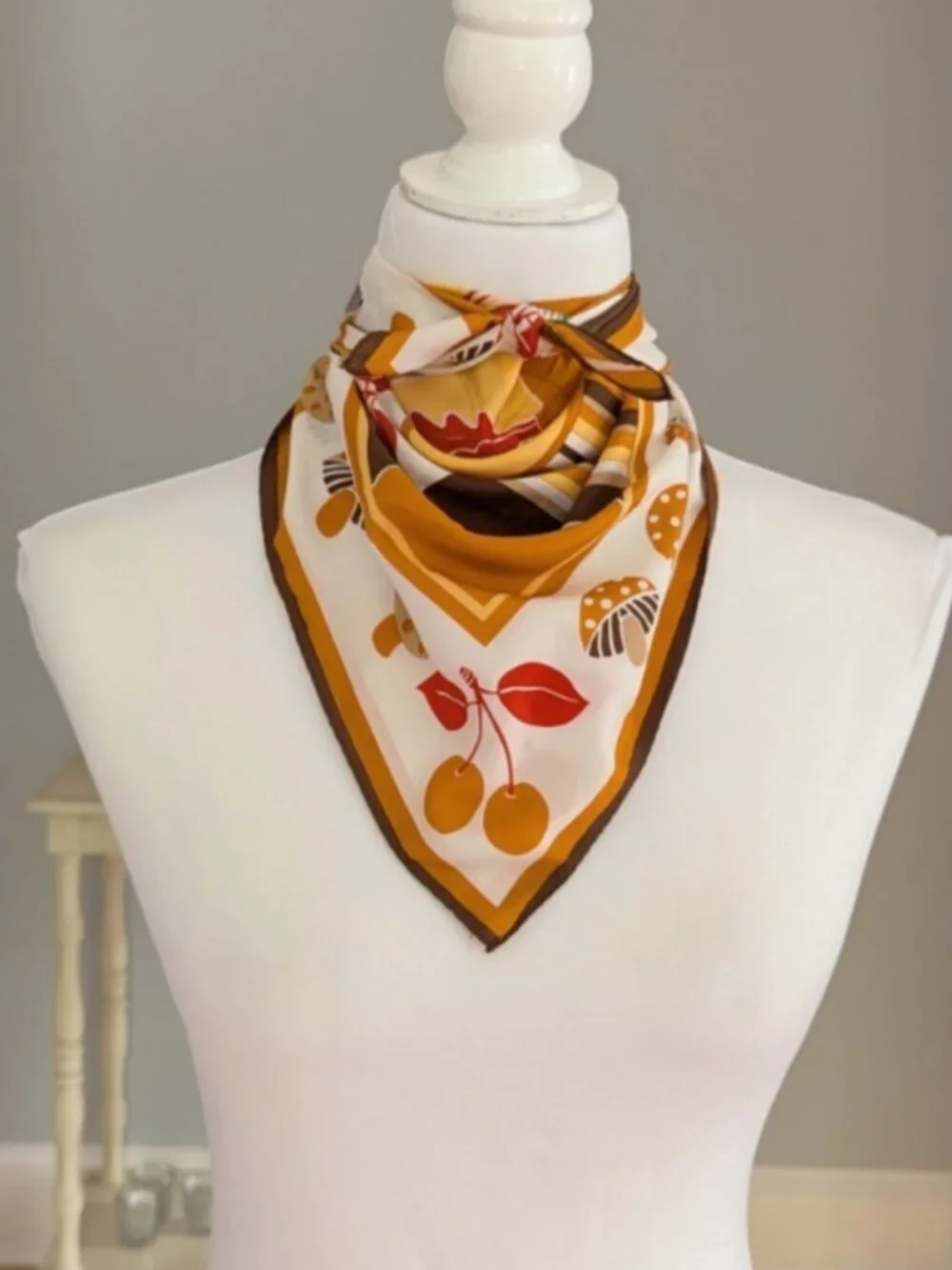 Vtg Morsly NY 70's Mushroom Cherries Vegetable Square Scarf Japan Mod